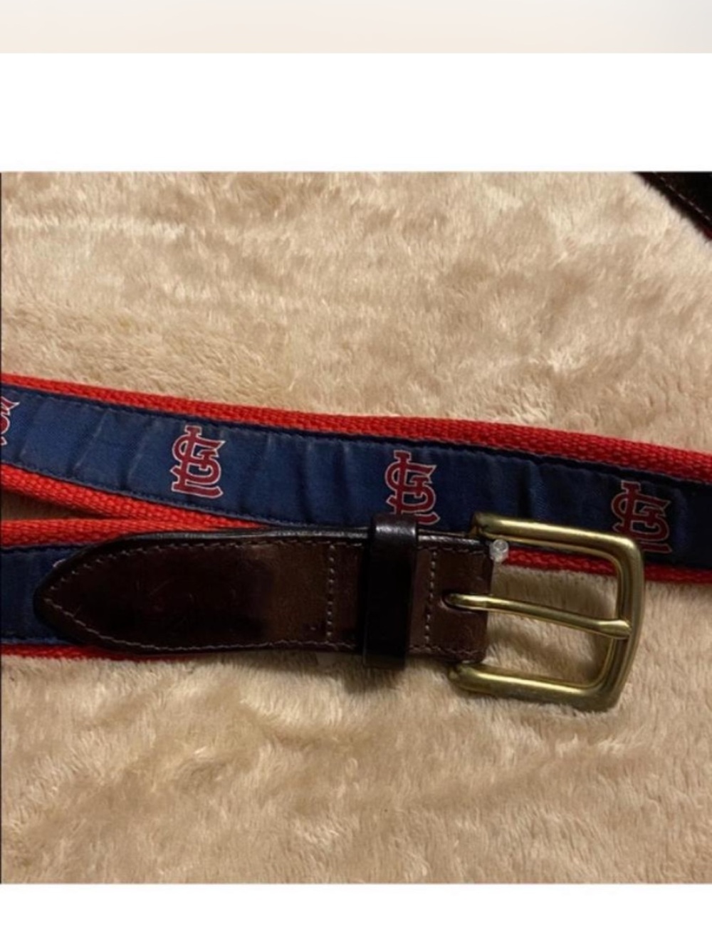 Vineyard Vines Navy & Red St. Louis Belt with Brown Leather Trim Sz 36